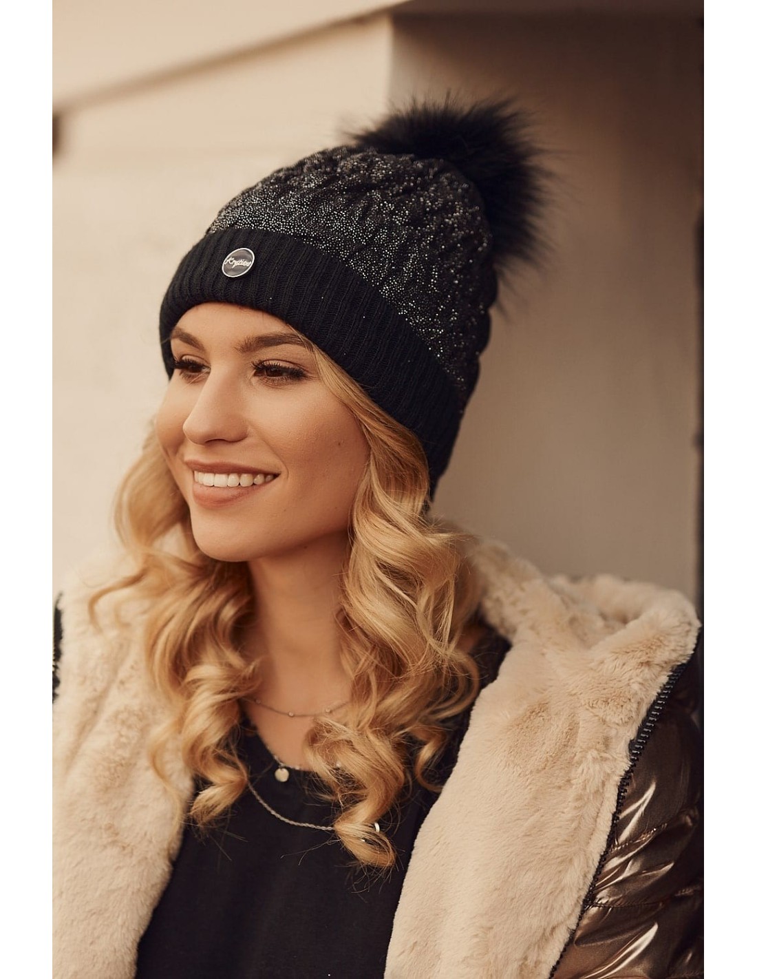 Ruffled hat with glitter and pompom, black C59 - Online store - Boutique